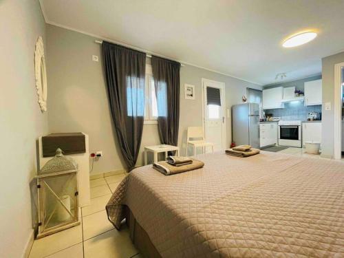 a bedroom with a large bed and a kitchen at New, Modern and Cozy apartment in Gavrio in Gavrion