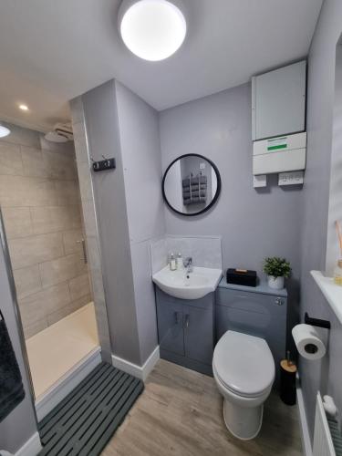 a bathroom with a toilet and a sink and a shower at The Boathouse in Lee-on-the-Solent