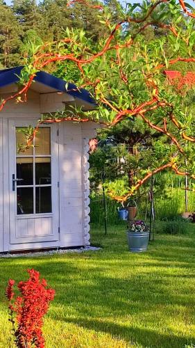 a white shed with a door in a yard at Domek Na Ustroniu in Sasino