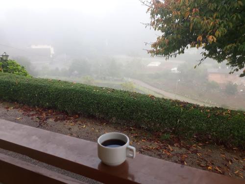 una taza de café sentada en un banco en la niebla en Pousada Verde Paraíso en Nova Petrópolis