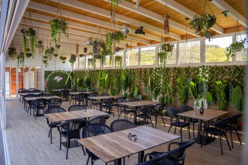 um restaurante com mesas, cadeiras e plantas em Villa Bianca em Rubjekë