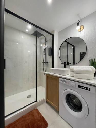 une salle de bain avec une machine à laver et un lavabo dans l'établissement Magnifique Studio Calais Plage, à Calais