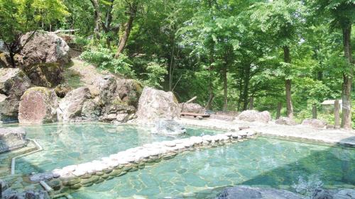 a swimming pool with a waterfall and rocks at Hotel Yunotaniso in Uonuma
