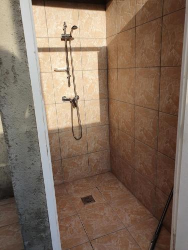 La salle de bains est pourvue d'une douche avec une porte en verre. dans l'établissement La Cabane de Mercone Crenu, à Corte