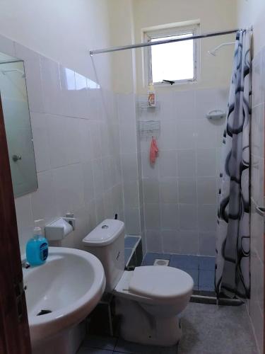 a bathroom with a toilet and a sink and a shower at The Faridooh's Comfy Homes Mtwapa in Mtwapa