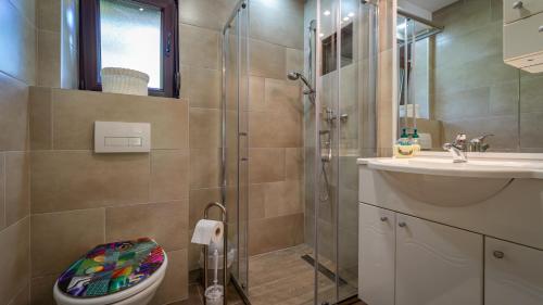 a bathroom with a shower and a toilet and a sink at Kuća na osami pokraj jezera in Delnice