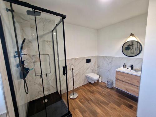 什圖羅沃的住宿－Lovely Apartment Vadaš，带淋浴、卫生间和盥洗盆的浴室