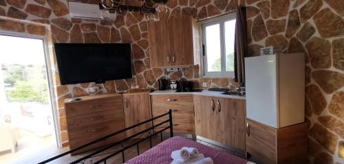 a kitchen with a refrigerator and a tv on a wall at Casa Bella a Skala 3 in Skala Kefalonias
