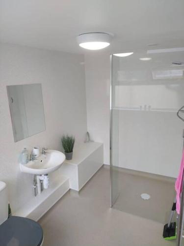 a white bathroom with a sink and a shower at Beach retreat! in Pakefield