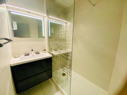 a bathroom with a sink and a shower with a mirror at ''Croisette'' Appartement rez de jardin accès direct plage ! in Sète