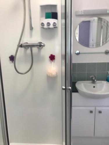 uma casa de banho com um chuveiro e um lavatório. em Lilac Villa Guest House em Weymouth