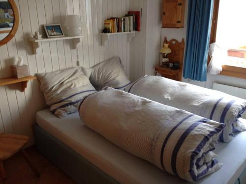 un sofá con una manta en una habitación en 2-Zimmer-Wohnung Deheimu mit fantastischer Aussicht en Eischoll