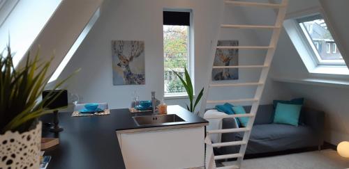 uma pequena cozinha com um lavatório e uma escada em Appartement Klein Waldeck em Velp