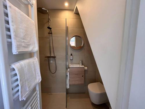 a bathroom with a shower and a toilet and a sink at Little Loft, Summerhouse near the beach in Noordwijk aan Zee