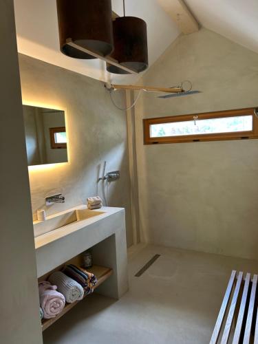 a bathroom with a sink and a mirror at Le Cabanon in Saint-Jorioz