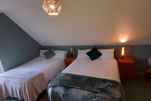 two beds in a bedroom with a chandelier at Private bedroom. Athlone and Roscommon nearby in Roscommon