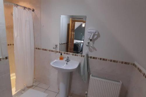 y baño blanco con lavabo y ducha. en Private bedroom. Athlone and Roscommon nearby en Roscommon