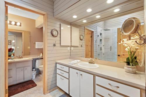 a bathroom with a sink and a toilet and a mirror at Altitude Adjustment in Blowing Rock