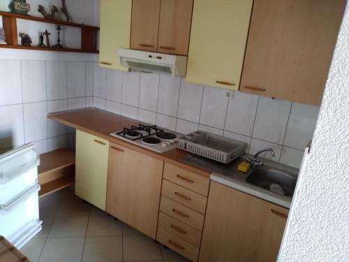 Il comprend une petite cuisine équipée d'un évier et d'une cuisinière. dans l'établissement Apartmani Tereza, à Lumbarda
