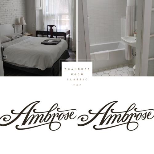 a bedroom and a bathroom with a bed and a bath tub at Ambrose House & Cafe - SELF CHECK-IN GUESTHOUSE in Montréal