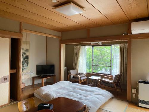 a bedroom with a bed and a tv and a window at Gora Onsen Kinkaku 金閣莊 預約制免費個人湯屋 Private onsen free by Reservation in Hakone