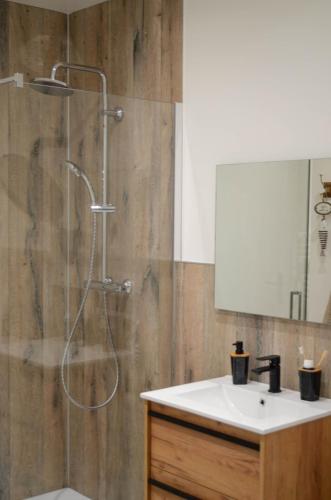 une salle de bain avec une douche avec un lavabo et une douche dans l'établissement Le Quai Huppé, voie 1, à Noyelles-sur-Mer
