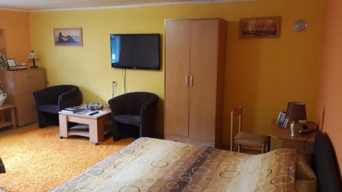 a bedroom with a bed and a desk and a tv at Modern&Cozy Bosnian house with GARDEN+FREE parking in Sarajevo