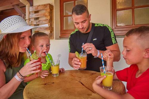 Eine Gruppe von Menschen, die an einem Tisch sitzen und Orangensaft trinken. in der Unterkunft Mobil-home Puy du Fou in La Boissière-de-Montaigu