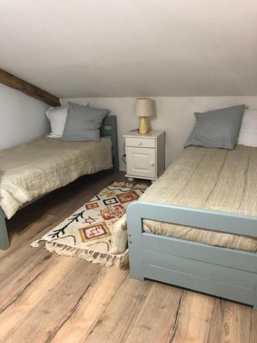 um quarto com 2 camas e uma mesa com um candeeiro em La Grange de la Maison des chats em Saint-Amans-du-Pech