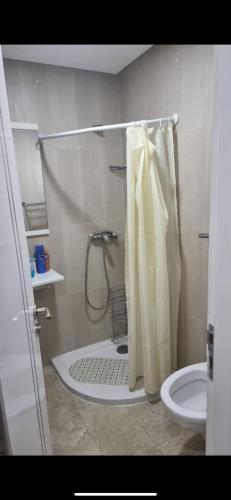 a bathroom with a shower and a toilet at Stylish City Apartment in Monastir