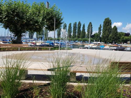 einen Park mit einer Bank und einen Yachthafen mit Booten in der Unterkunft Gästehaus Mäder Am Hafen in Uhldingen-Mühlhofen