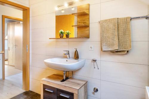 a bathroom with a white sink and a mirror at Ferienwohnung am Birnbaum in Überlingen