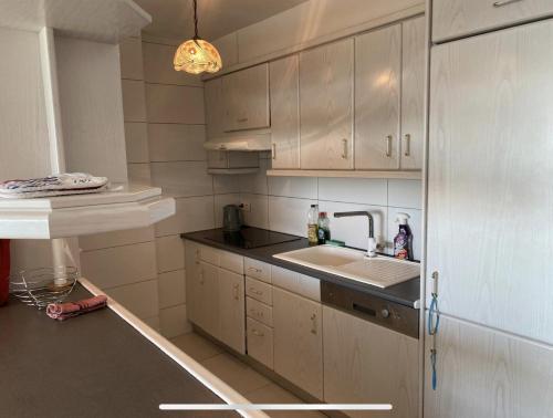 een keuken met witte kasten en een wastafel bij Manhattan apartment in Empuriabrava