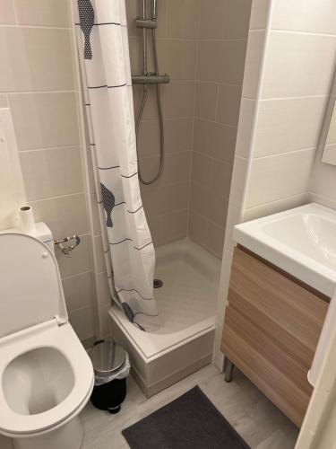une salle de bain avec toilettes et rideau de douche dans l'établissement T1Bis Neuf Climatisé CentreVille #15, à Toulon