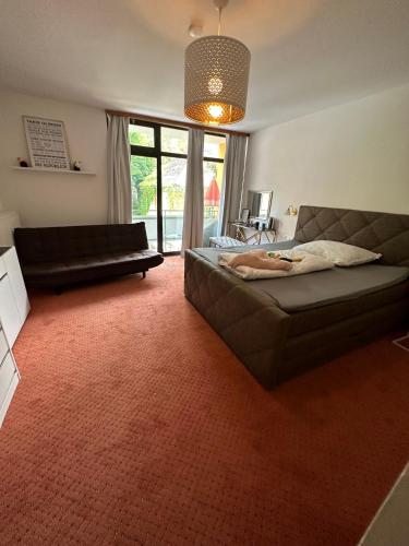 a living room with a bed and a couch at Pension COLUMBIA inkl. Frühstück im Zentraum in Bad Gleichenberg