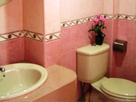 a pink bathroom with a toilet and a sink at Town Inn Hotel in Jerantut