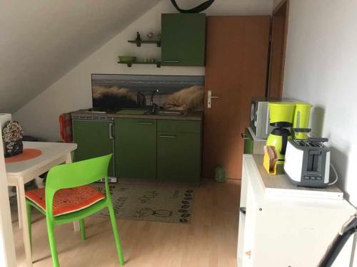 a kitchen with green cabinets and a table with a blender at Ferienwohnung Huehnergott in Dwasieden