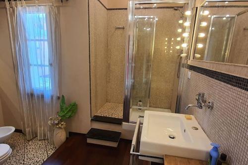 ein Bad mit einem Waschbecken, einer Dusche und einem WC in der Unterkunft La Terrazza Di Bene Arancio in Lucca