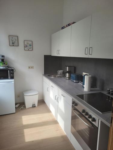 una cucina con armadi bianchi, lavandino e piano cottura di Ferienwohnung Rote-Villa 2 a Marienberg