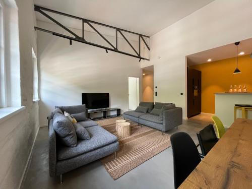 ein Wohnzimmer mit 2 Sofas und einem TV in der Unterkunft Schleiferei Zwei, Ferienwohnungen in Sieber