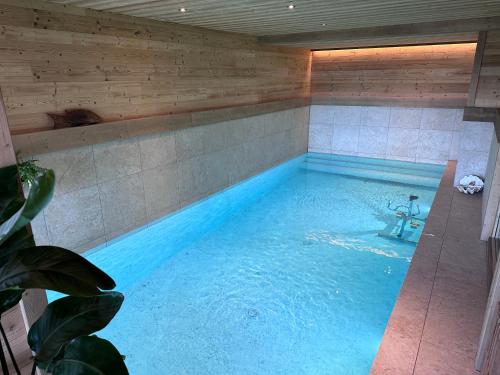 - une piscine dans une chambre dotée d'un mur en bois dans l'établissement Chalet La Petite Ourse, à Hohrod