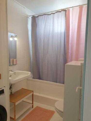 une salle de bain avec un rideau de douche et des toilettes dans l'établissement Villa Angelina, à Beausoleil
