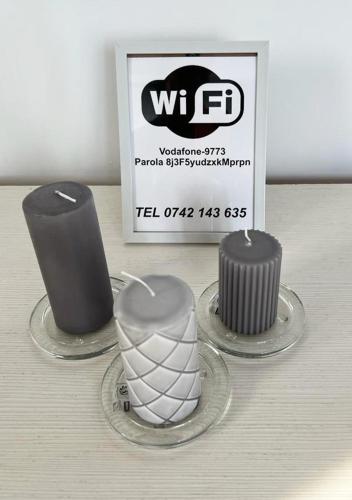 a display of three different types of vases on a table at Penthouse Luxury Falticeni in Fălticeni