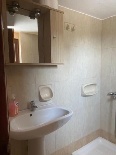 La salle de bains est pourvue d'un lavabo, de toilettes et d'un miroir. dans l'établissement Artemis Hotel-MeRaki Restaurant, à Frangokastello