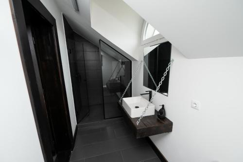 a bathroom with a sink and a mirror at Casa Bolta Rece in Sighetu Marmaţiei
