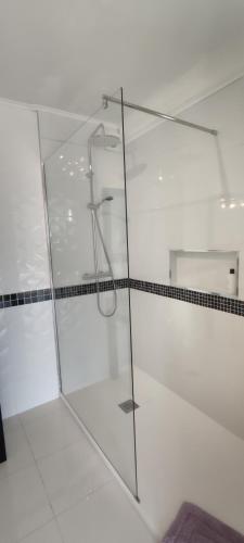 a glass shower stall in a white room at Chambres d'hôtes Les Iris in Sospel