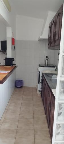 a kitchen with wooden cabinets and a counter top at Apartamento Rosa in Porto Covo