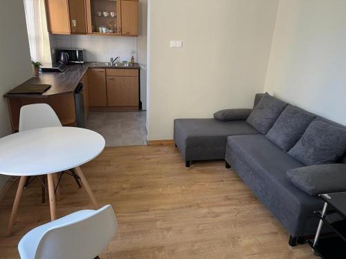 a living room with a couch and a table and a kitchen at Apartamenty Oliwa in Gdańsk