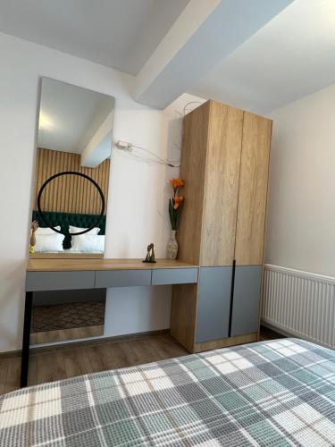 a bedroom with a desk and a bed at Apartamente Ariniș in Gura Humorului