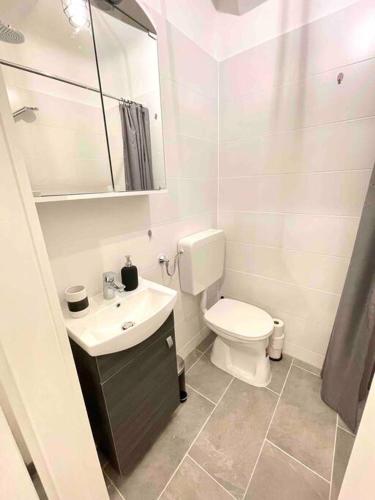 biała łazienka z toaletą i umywalką w obiekcie Ein Traum im Leechwald nähe LKH w Grazu